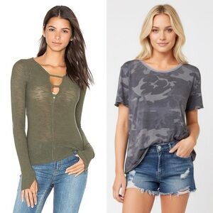Free People Bundle: Bae Bae Layering Top (Green) + Camo Tee (Dark Gray) – Size M